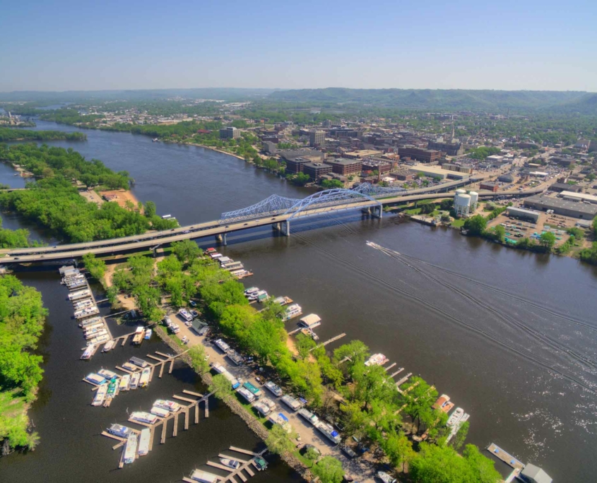 Aerial photo of the Mississippi River Bridge in La Crosse, Wisconsin