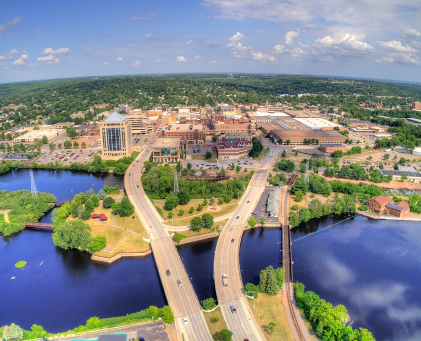 Aerial photo of the Wausau River District in Wausau, Wisconsin